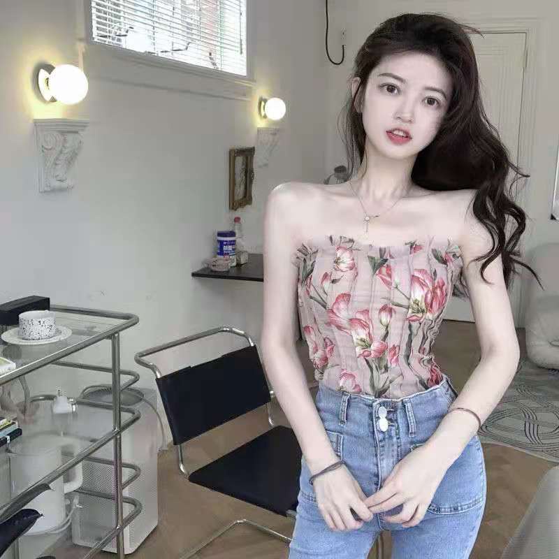 Áo Ống Mỏng Hở Lưng Họa Tiết Hoa Phong Cách Pháp Cho Nữ