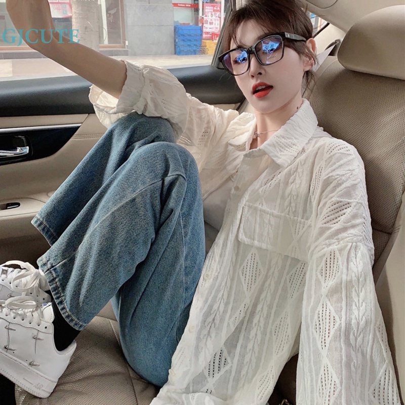 Áo Sơ Mi Trắng Tay Dài Dáng Rộng Cài Khuy Dễ Thương Thời Trang Cho Bạn Gái