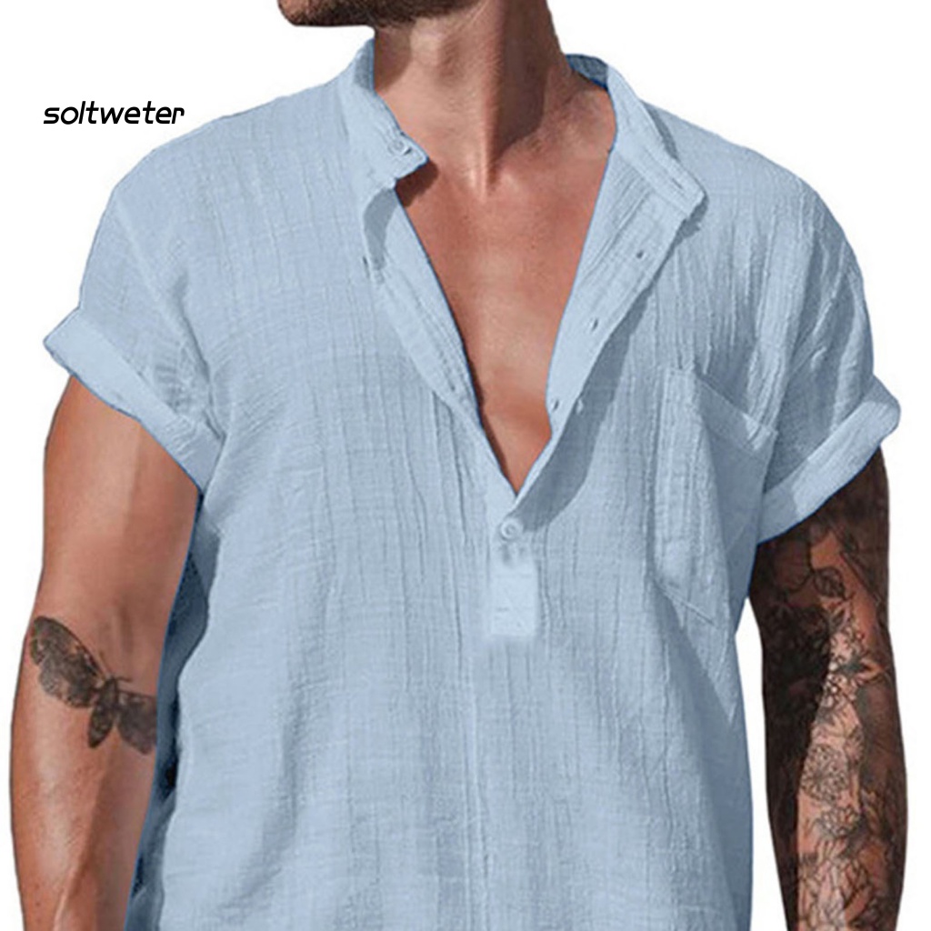 Áo Sơ Mi Cổ Đứng Tay Ngắn Dáng Rộng Màu Trơn Cài Nút Thời Trang Mùa Hè Cho Nam