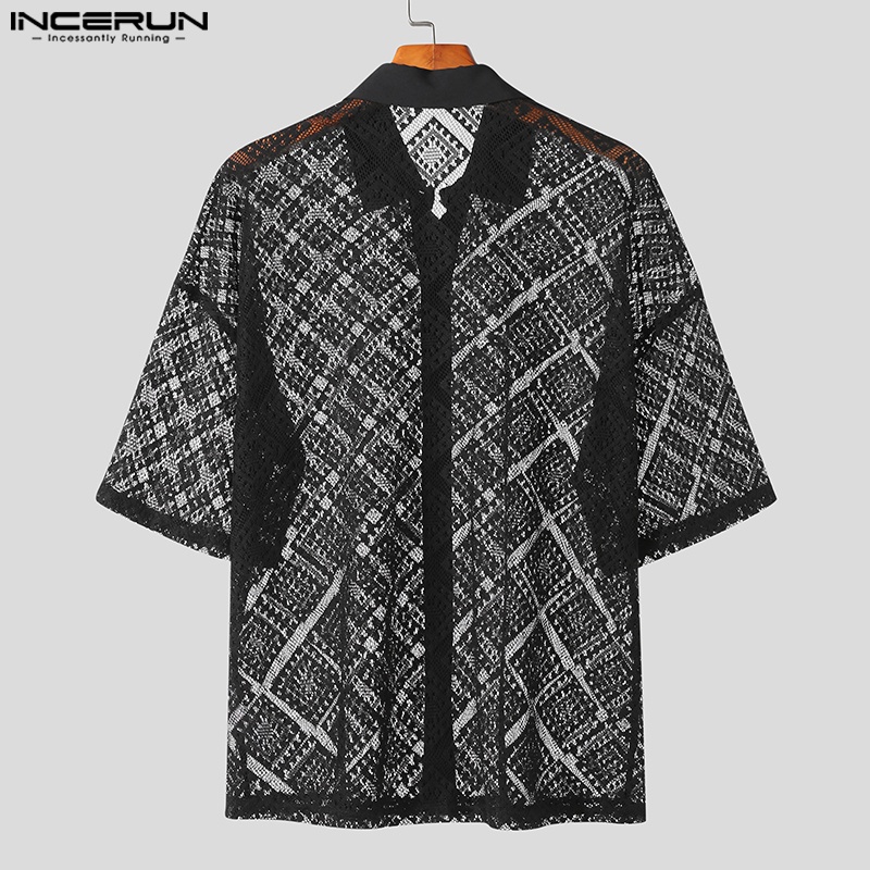 INCERUN Áo Sơ Mi Ngắn Tay Khoét Lỗ Phong Cách Vintage Hàn Quốc Cho Nam