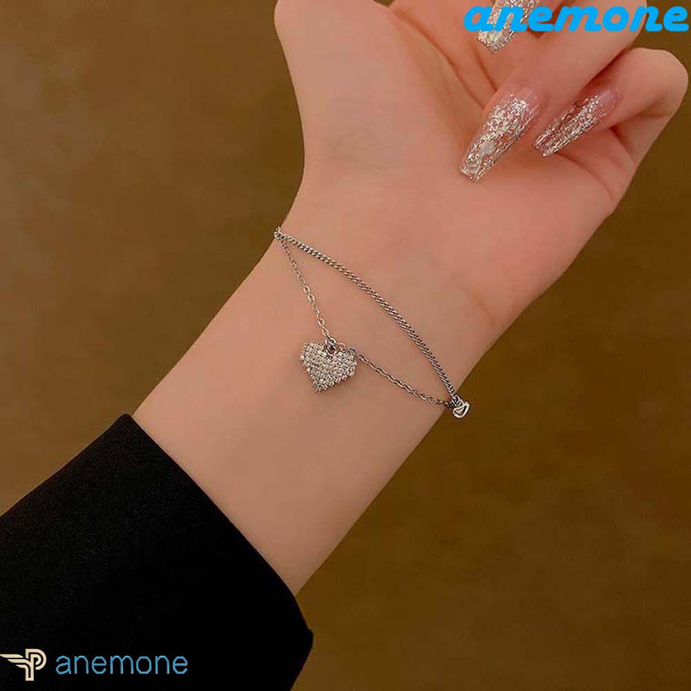 ANEMONE Vòng cổ Thép Titan Mặt Trái Tim Đôi Lấp Lánh Thời Trang