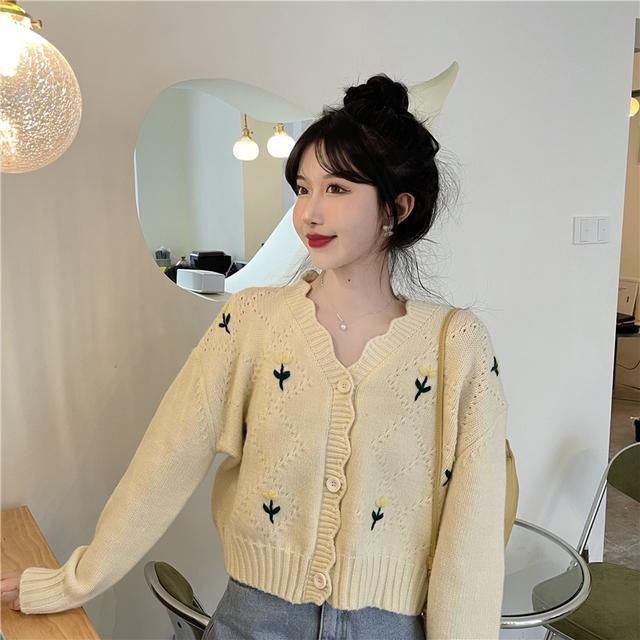 Áo Khoác Cardigan Dệt Kim Tay Dài Cổ Chữ V In Hoa Thời Trang Cho Nữ