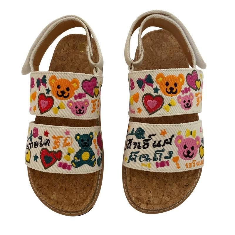 Giày Sandal Vải Lanh Đế Thấp Hở Ngón Thêu Họa Tiết Hoạt Hình Phong Cách Nhật Bản