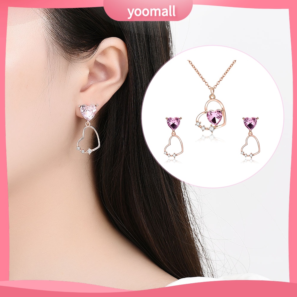 1 Bộ Vòng cổ + Bông Tai Đính Đá Hình Trái Tim Lấp Lánh Cho Nữ