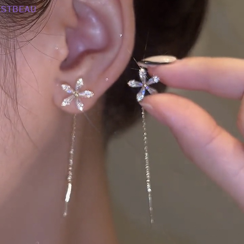 [Cxsteau] 1 Cặp Bông Tai Chuỗi Dài Đính Đá Zircon Hình Hoa Lấp Lánh Thời Trang Cao Cấp