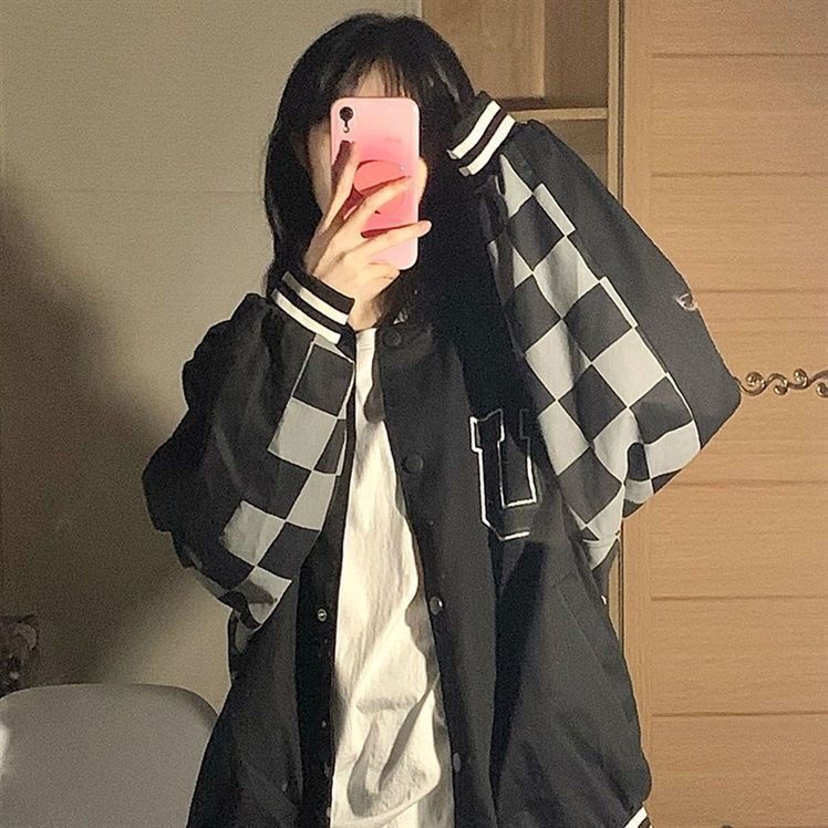 Áo Khoác Bóng Chày Sọc Ca Rô Phong Cách Hàn Quốc Thời Trang Thu Xuân Dành Cho Nữ