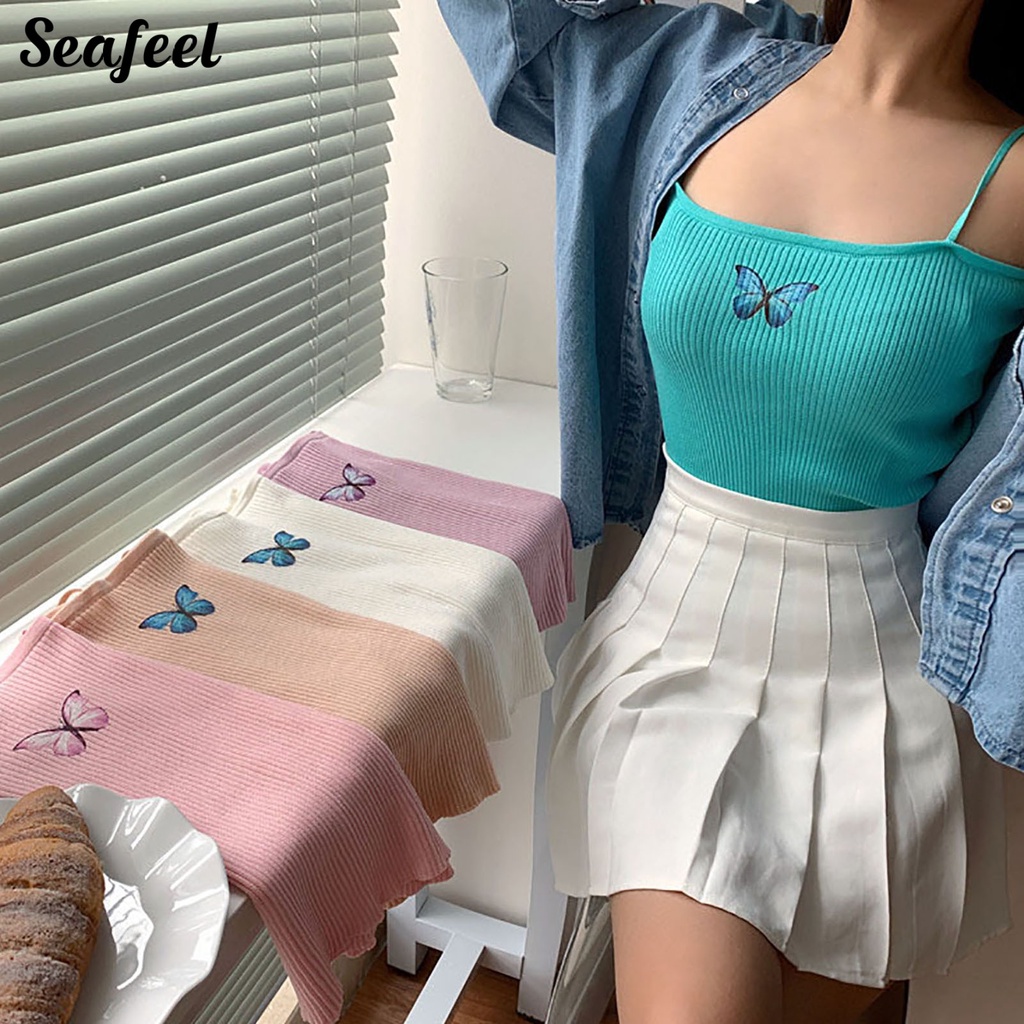 Áo Tank Top Hai Dây Hở Lưng Ôm Dáng Co Giãn In Họa Tiết Bướm Cho Nữ
