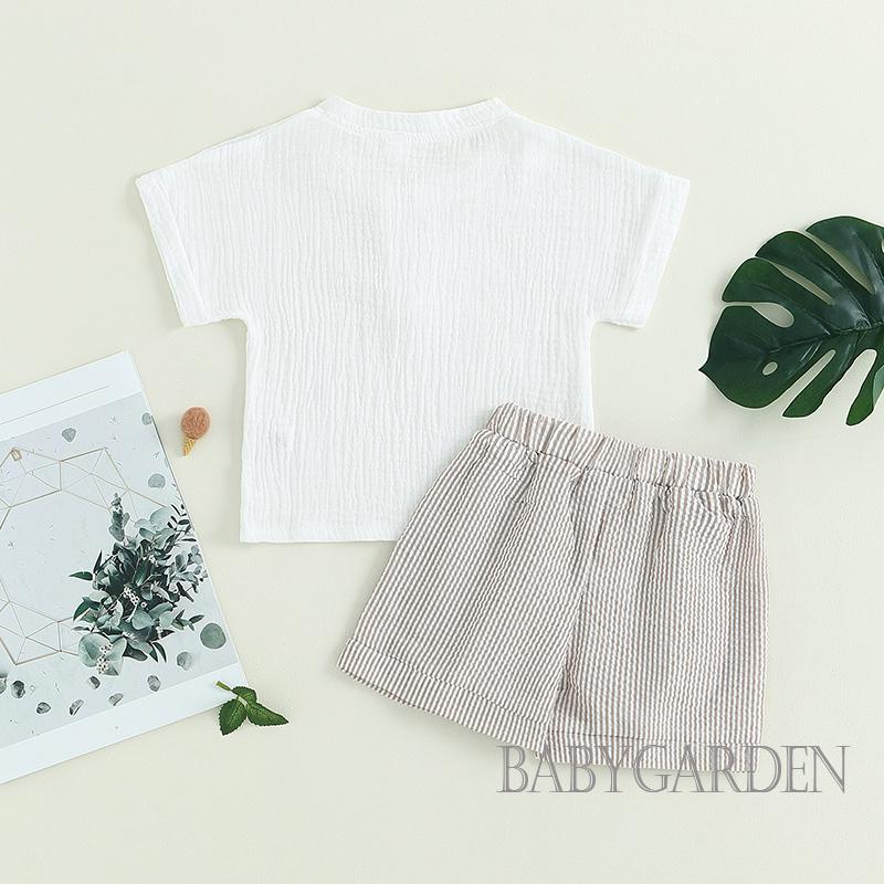 Set Đồ 2 Món Gồm Áo Sơ Mi Tay Ngắn Màu Trơn Cài Nút + Quần Ngắn Dây Rút Thời Trang Cho Bé Trai 6 Tháng-4 Tuổi