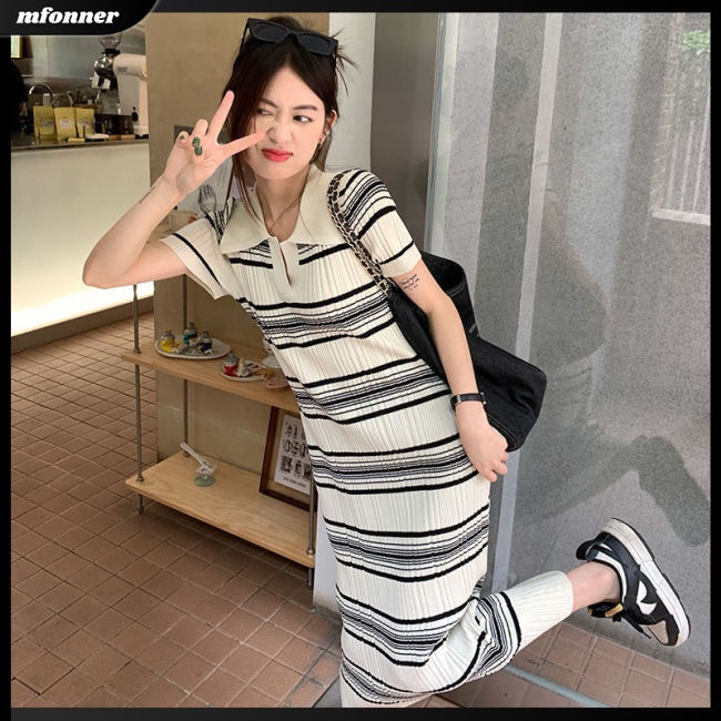 Đầm Dệt Kim Tay Ngắn Dáng Dài Họa Tiết Kẻ Sọc Thời Trang Mùa Hè Xinh Xắn Cho Nữ
