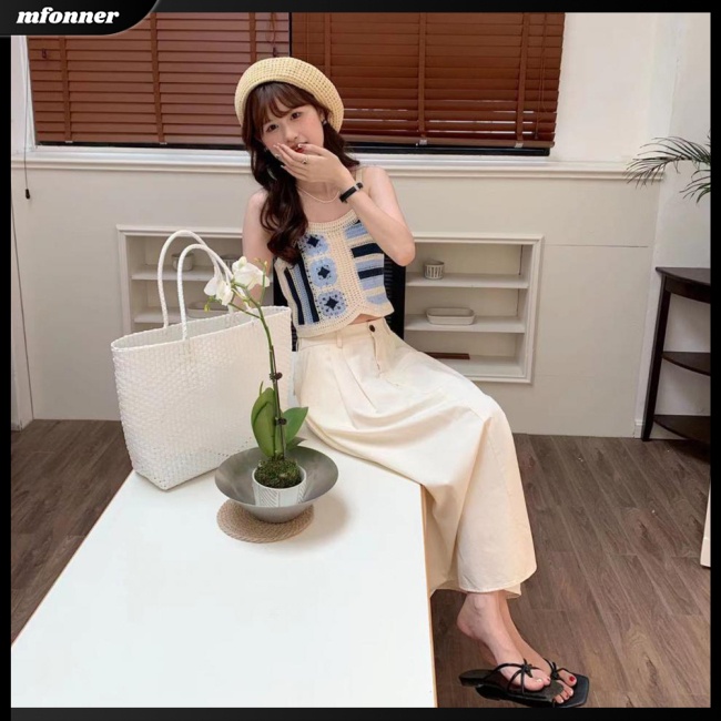 Áo Tank Top Dệt Kim Sát Nách Dáng Rộng Thêu Họa Tiết Kẻ Sọc Kiểu Bohemian Thanh Lịch Cho Bạn Gái