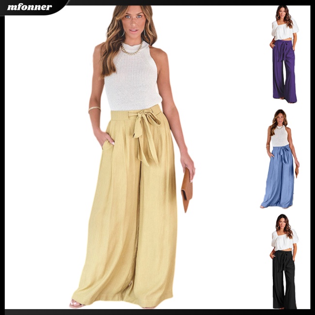 Quần Ống Rộng Lưng Cao Có Túi Thoáng Khí Thanh Lịch Dành Cho Nữ