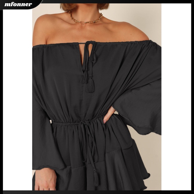 Bộ Áo Liền Quần Trễ Vai Eo Cao Tay Loe Phối Dây Rút Thời Trang Mùa Hè Cho Nữ