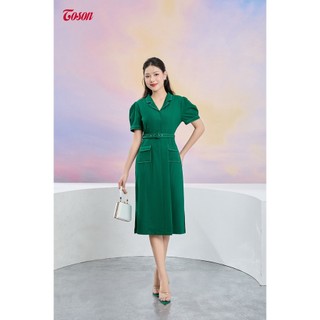 Đầm xanh mango cổ ve thắt đai eo, túi ốp trần chỉ trắng 46072X93 Toson