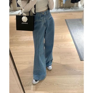 2023 spring new Korean Dongdaemun retro casual washed high waist loose vertical horn denim trousers