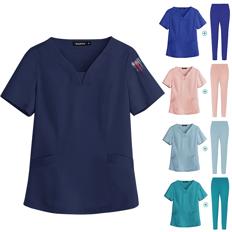 Bộ Áo Thun Ngắn Tay Cổ Chữ V + Quần Dài Phong Cách Y Tá / Bác Sĩ Thời Trang Cho Nam Nữ