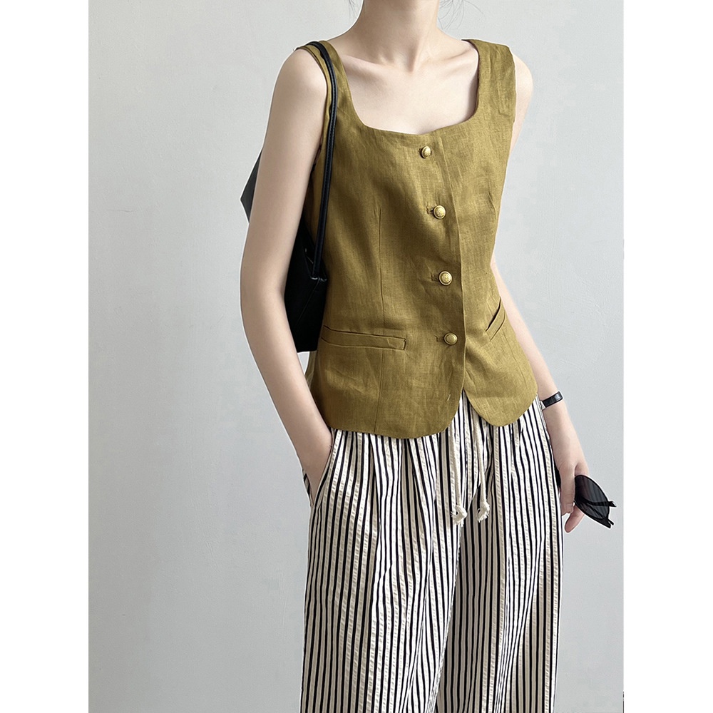 Áo Vải Lanh Không Tay Cổ Vuông Phong Cách Retro Thời Trang Mùa Thu 2023 80855