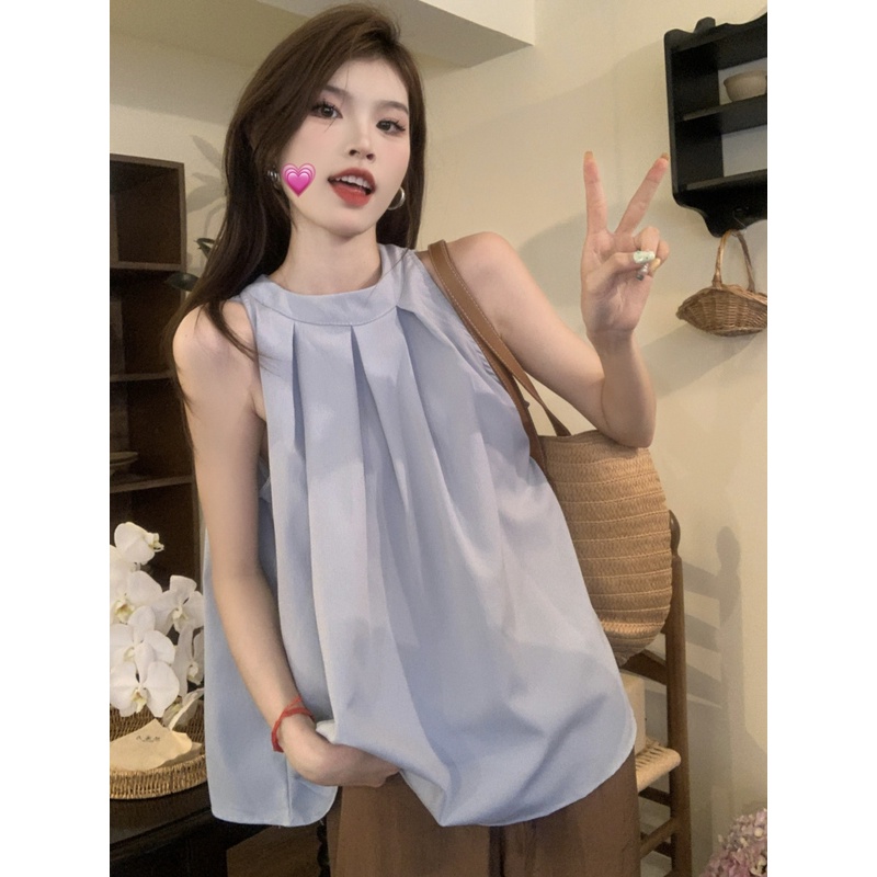 Áo Sơ Mi Không Tay Xếp Ly Đơn Giản Thời Trang Hàn Quốc