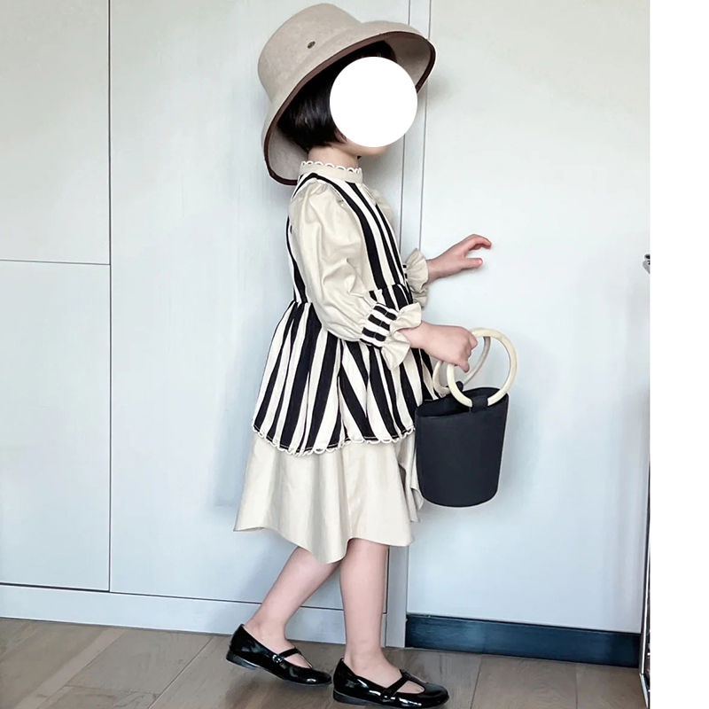 Đầm Công Chúa Tay Dài Phối Ren Họa Tiết Kẻ Sọc Thời Trang Xuân Thu 2023 Cho Bé Gái