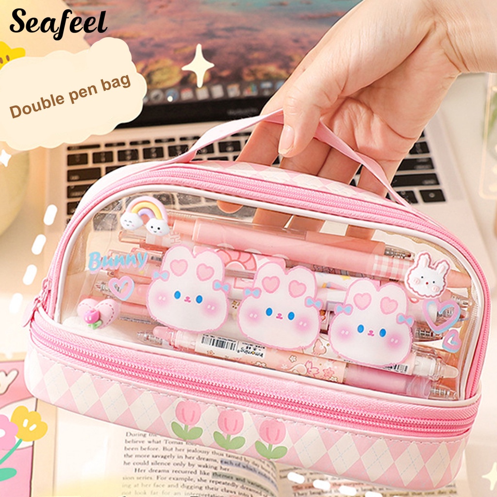 Túi Đựng Bút Chì Hai Lớp Trong Suốt Chống Bụi Sức Chứa Lớn In Họa Tiết Gấu Thỏ Hoạt Hình