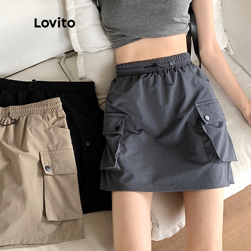 Lovito Chân váy mini bút chì có túi màu trơn giản dị cho nữ LNE15094 (Xám)