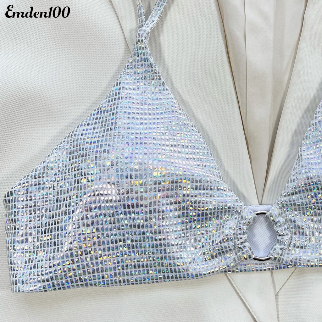 Bộ Bikini Màu Sắc Bạc Có Vòng Kim Loại Quyến Rũ Cho Nữ