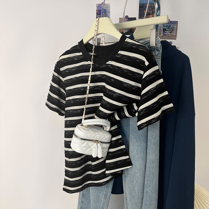 Áo Thun Ngắn Tay Dáng Rộng Họa Tiết Kẻ Sọc Phong Cách Retro Thời Trang Mùa Hè Cho Nữ