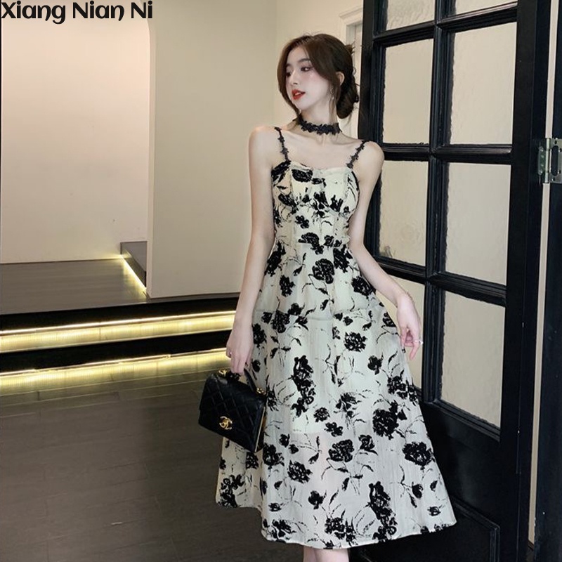 Đầm Hai Dây Họa Tiết Hoa Phong Cách Hepburn Pháp Quyến Rũ Cho Nữ