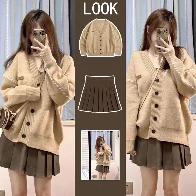 Set Áo Khoác Cardigan Dệt Kim + Chân Váy Xếp Ly Thiết Kế Mới Thời Trang Dành Cho Nữ