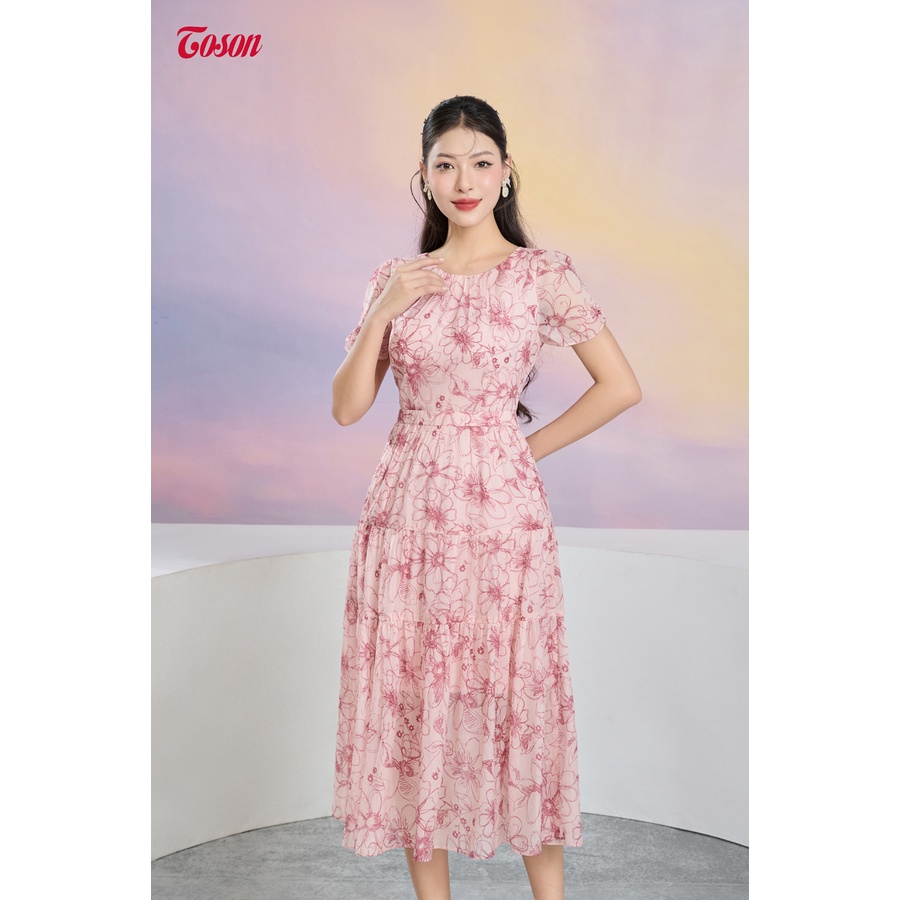 Đầm organza nền hồng in hoa, cổ tròn dáng xòe nhún Limitted 43075H93 Toson