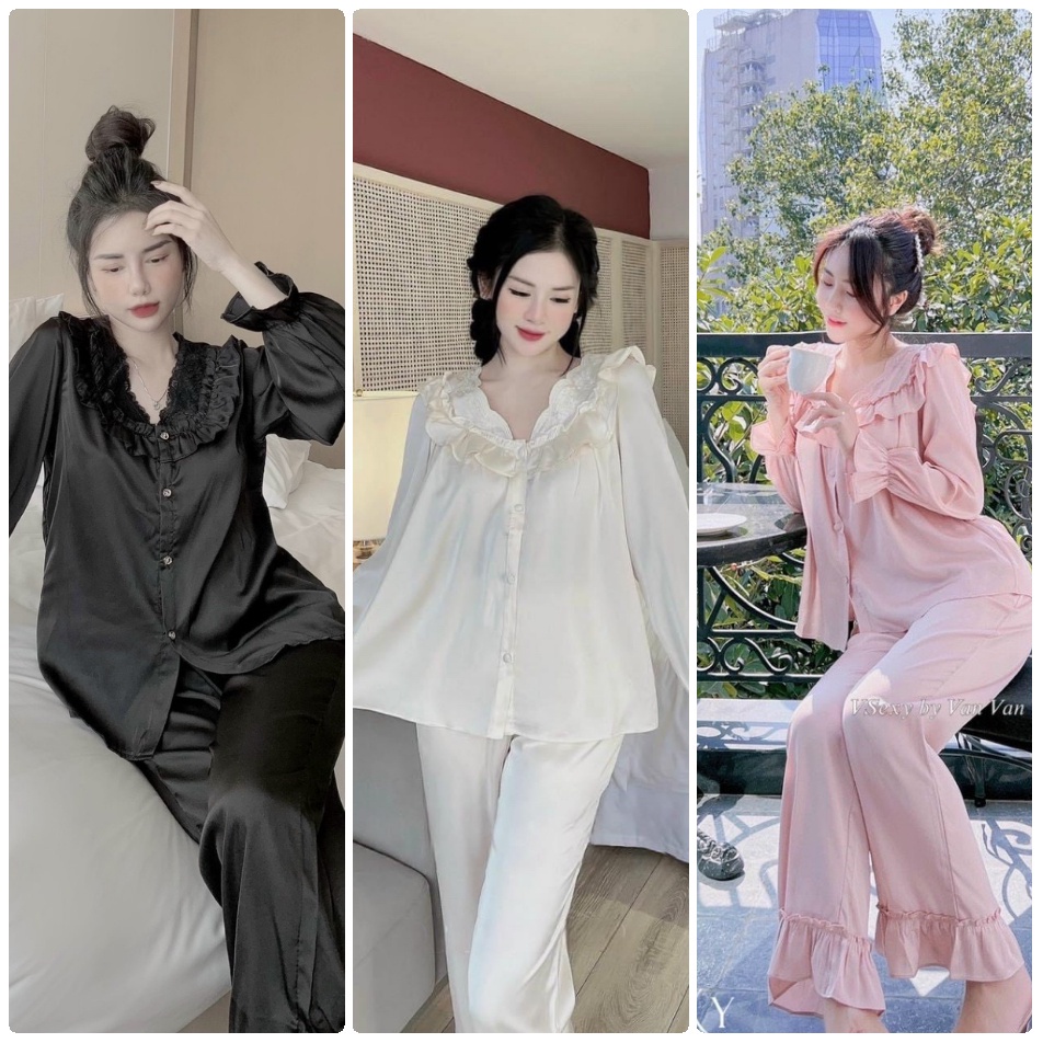 Đồ bộ gấm xước mặc nhà tiểu thư bèo cổ phong cách quảng châu đồ ngủ thiết kế