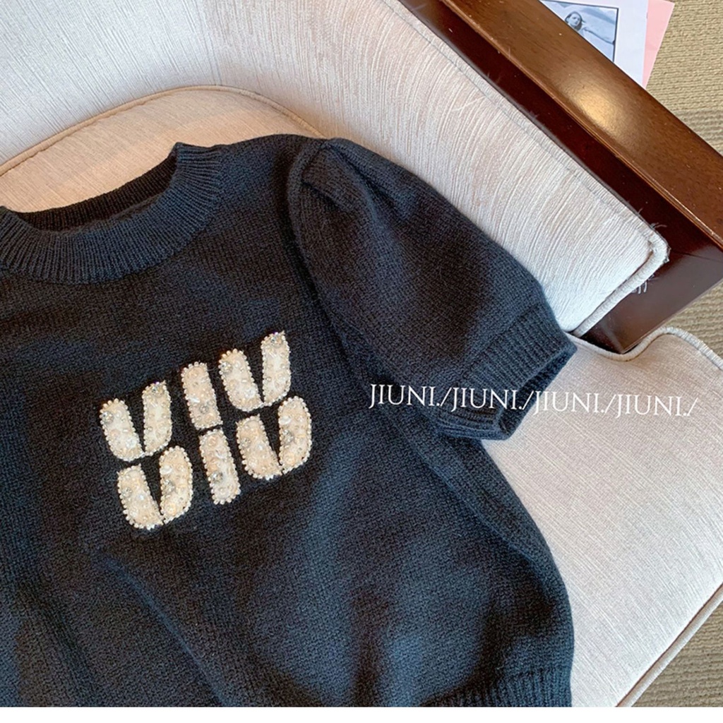 Áo Sweater Dệt Kim Tay Ngắn In Chữ Thời Trang Mùa Hè Năng Động