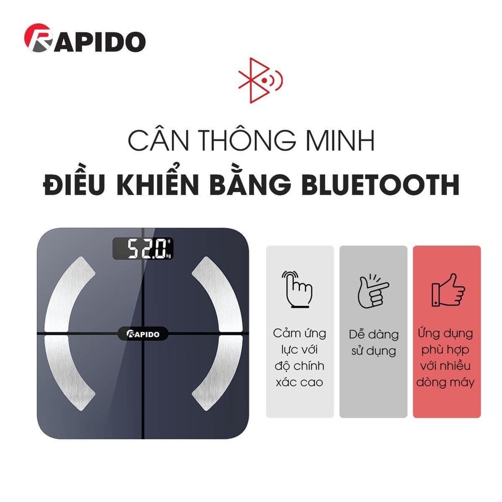 Cân điện tử sức khỏe KAW - RAPIDO RSB02-S, kết nối bluetooth phân tích chỉ số cơ thể đo tỷ mỡ, béo phì