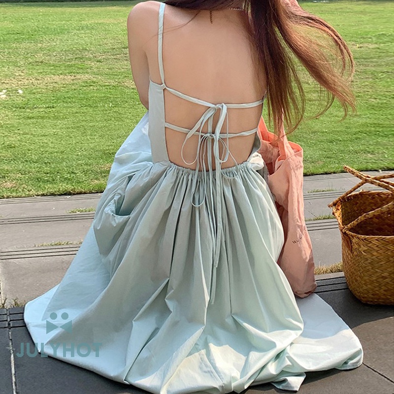 Mát backless ren-up mùa hè giản dị sexy Y2K Midi ăn mặc phụ nữ phong cách bãi biển bên váy VN