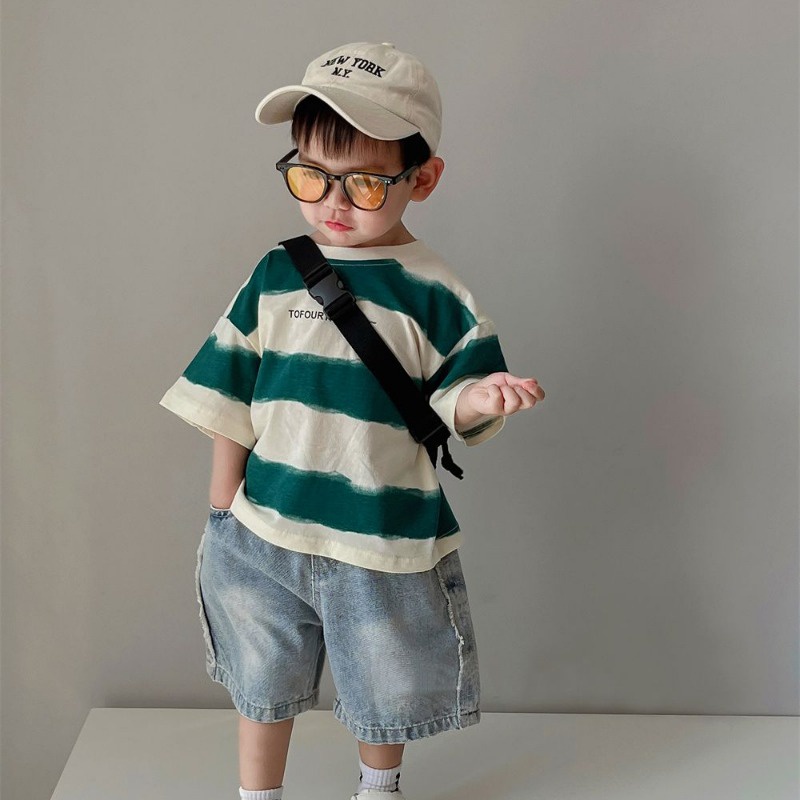 Áo Thun Tay Ngắn Họa Tiết Kẻ Sọc In Chữ Phong Cách Hàn Quốc Thời Trang Mùa Hè Mới Cho Bé Trai Và Gái