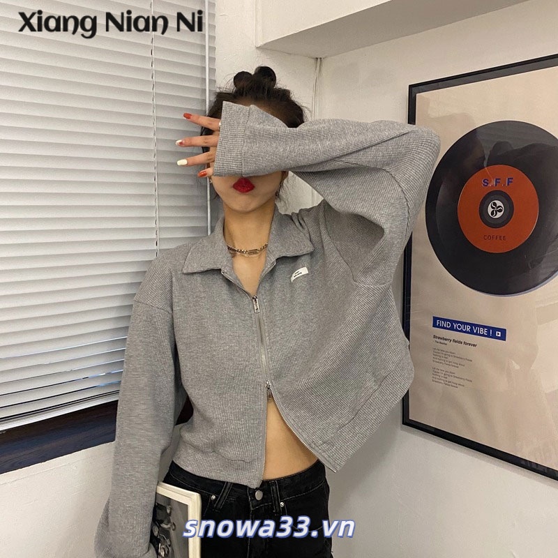 Xiang Nian Ni Áo Khoác sweater Dài Tay Dáng Rộng Ngắn Cổ Đứng Có Khóa Kéo Đôi Phong Cách Hàn Quốc Cho Nữ Sinh