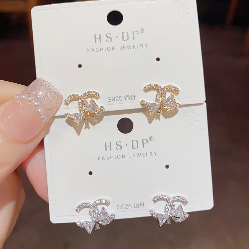 Khuyên Tai Nơ Chữ C Đôi Đính Đá Zircon Đơn Giản Tinh Tế Thời Trang Cao Cấp