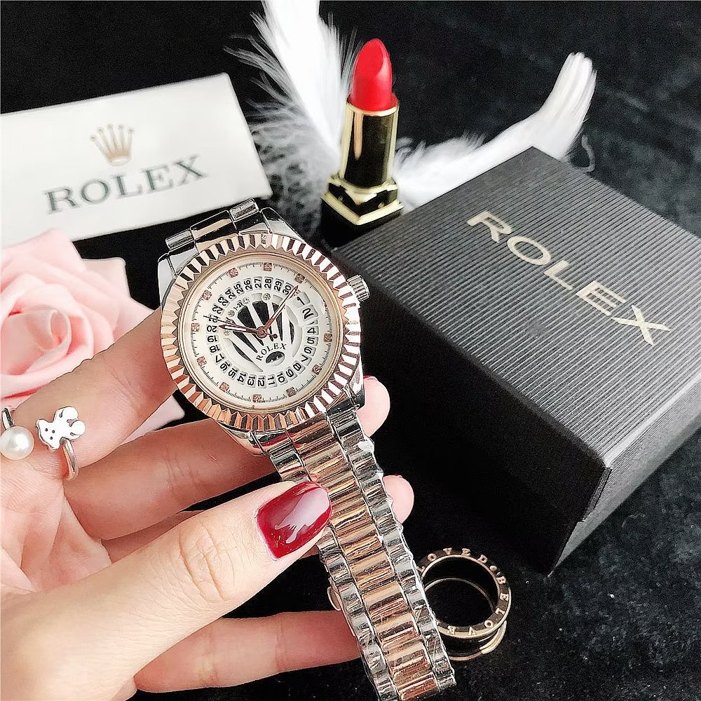 Đồng Hồ Rolex Mặt Tròn Đính Kim Cương Dây Da Thép Không Gỉ Thời Trang Cho Cặp Đôi