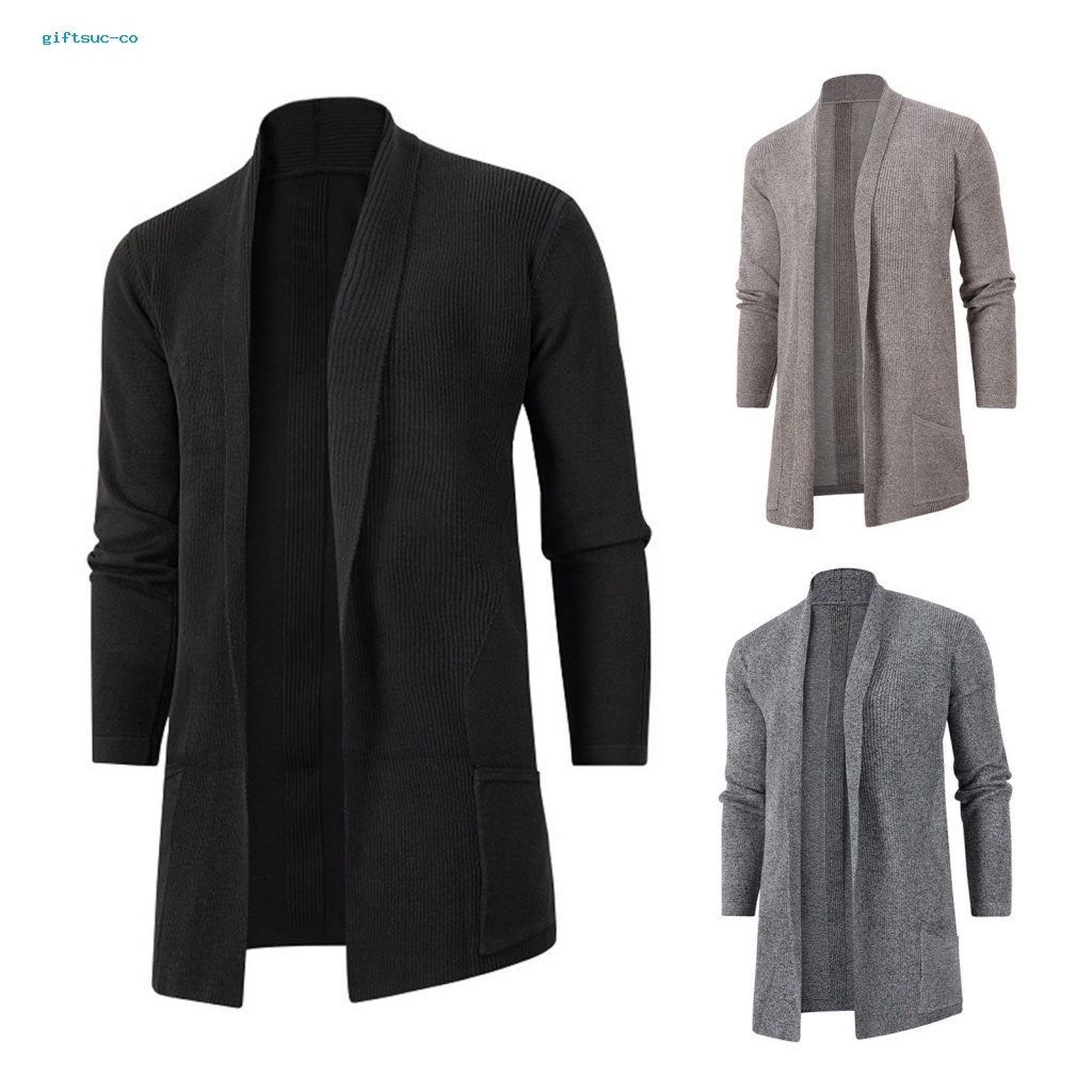 Áo Khoác Cardigan Dệt Kim Tay Dài Màu Trơn Có Túi Trước Mở Phía Trước Thời Trang Mùa Thu Cho Nam