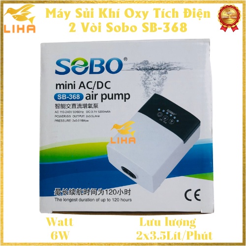 Máy Sủi Oxy 2 Vòi Sobo SB-368 Tích Điện - Máy Oxi Tích Điện Cho Hồ Cá