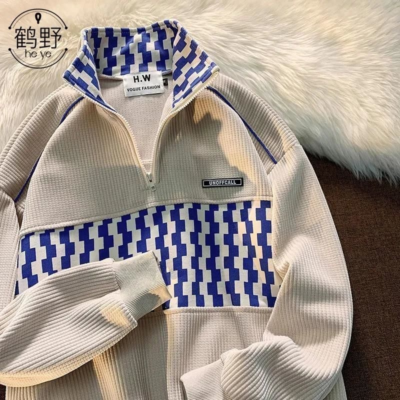 Waffle nửa dây kéo polo cổ áo len nam và nữ áo khoác rộng thùng thình mùa thu