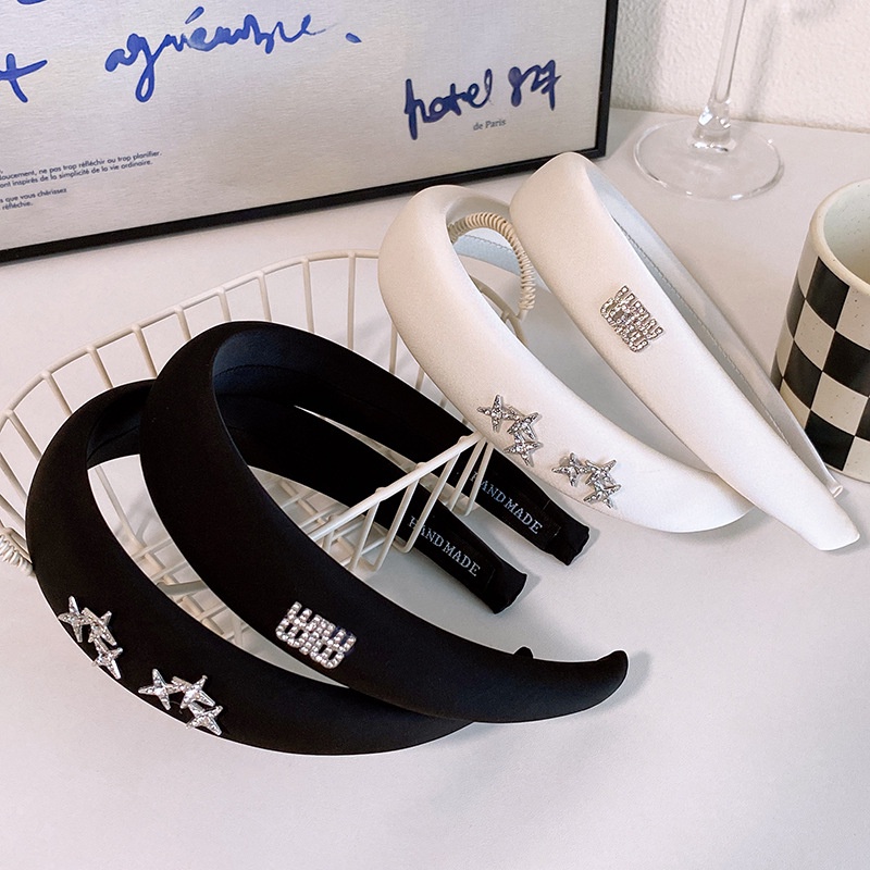 2023 vải trắng đen kim loại bạc độc đáo rhinestone star satin sponge headband