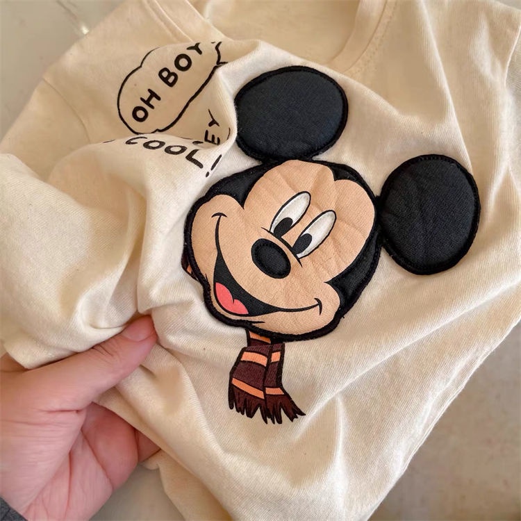 T-shirt trẻ em mùa thu mới bé trai và bé gái phim hoạt hình chuột vá bông dài tay áo chui đầu cho bé