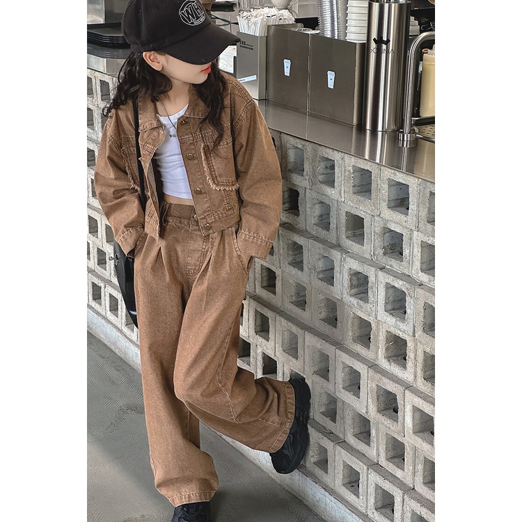 Set Áo Khoác denim Màu Hồng + Quần Dài Thời Trang Mùa Thu Cho Bé Gái