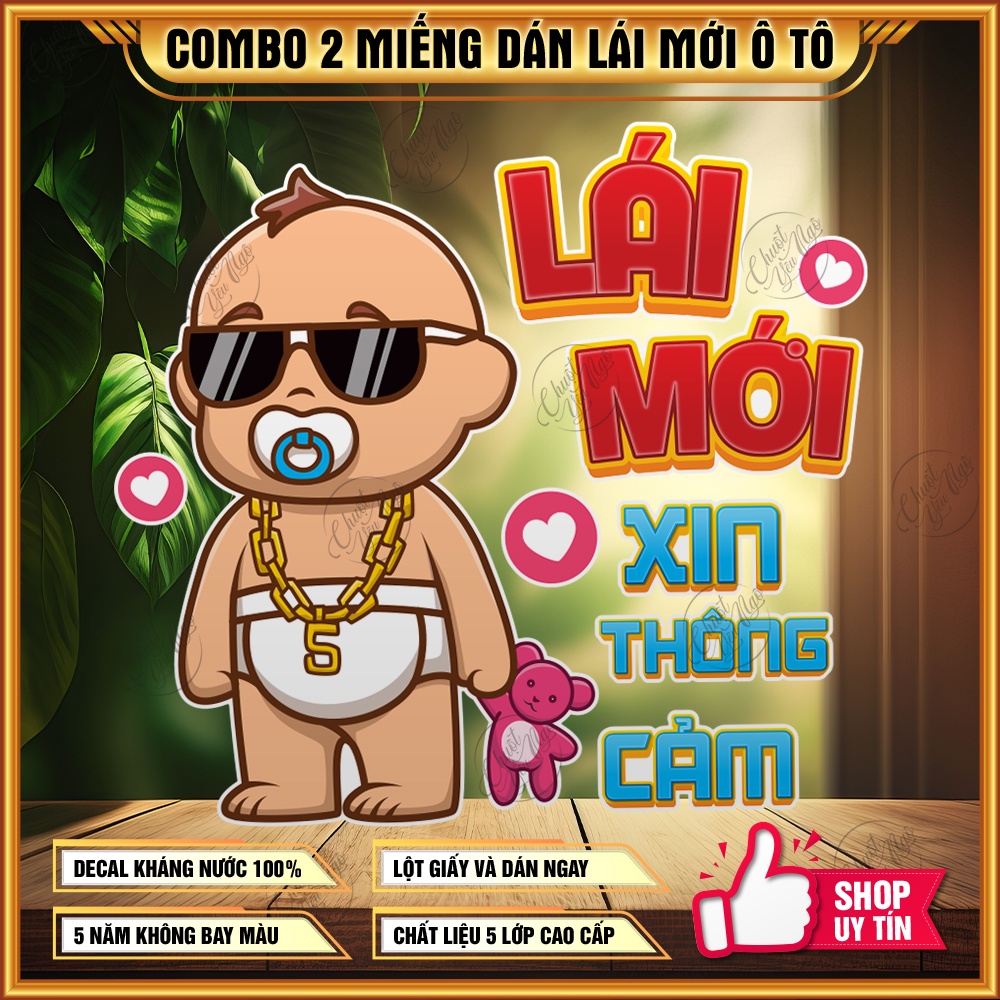Combo 2 bộ lái mới dán trang trí ô tô EM BÉ TÀI NON