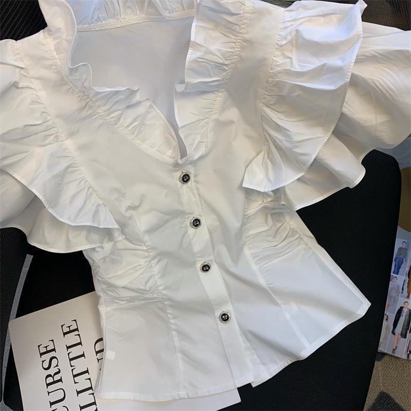 Pháp xù bay tay áo sơ mi phụ nữ không tay phong cách ngắn phong cách phương tây thẻ eo áo sơ mi nhỏ mỏng-vừa vặn mỏng hơn trông trắng hàng đầu mùa hè