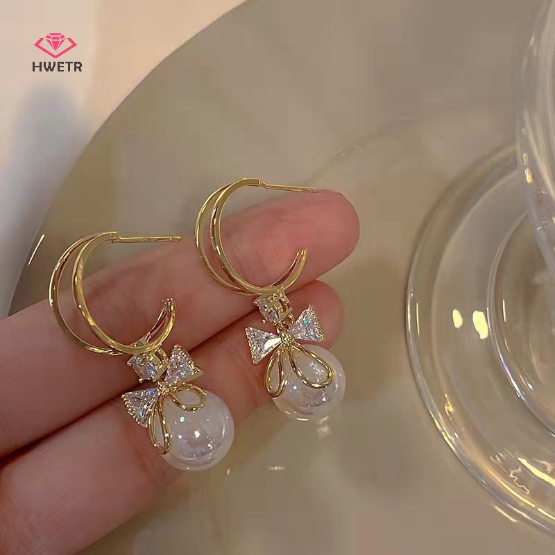 Khuyên tai HWETR hình nơ đính đá lấp lánh phối ngọc trai giả thời trang cô dâu tinh tế