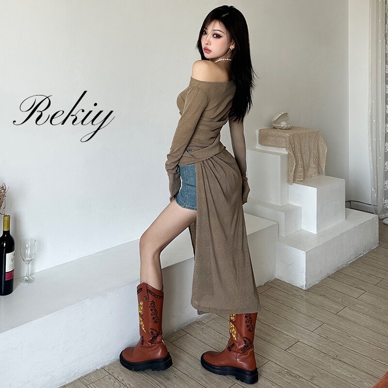 Rekiy women mid dress 2023 new tendency solid color slim fit street không đối xứng cổ áo dài tay xẻ tà