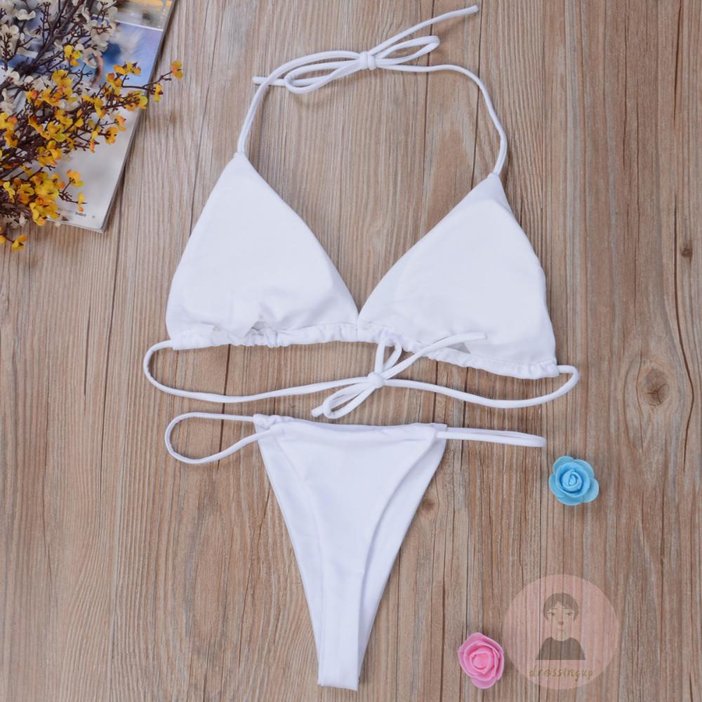 Dre-2pcs phụ nữ mùa hè màu rắn buộc bên bộ đồ bơi