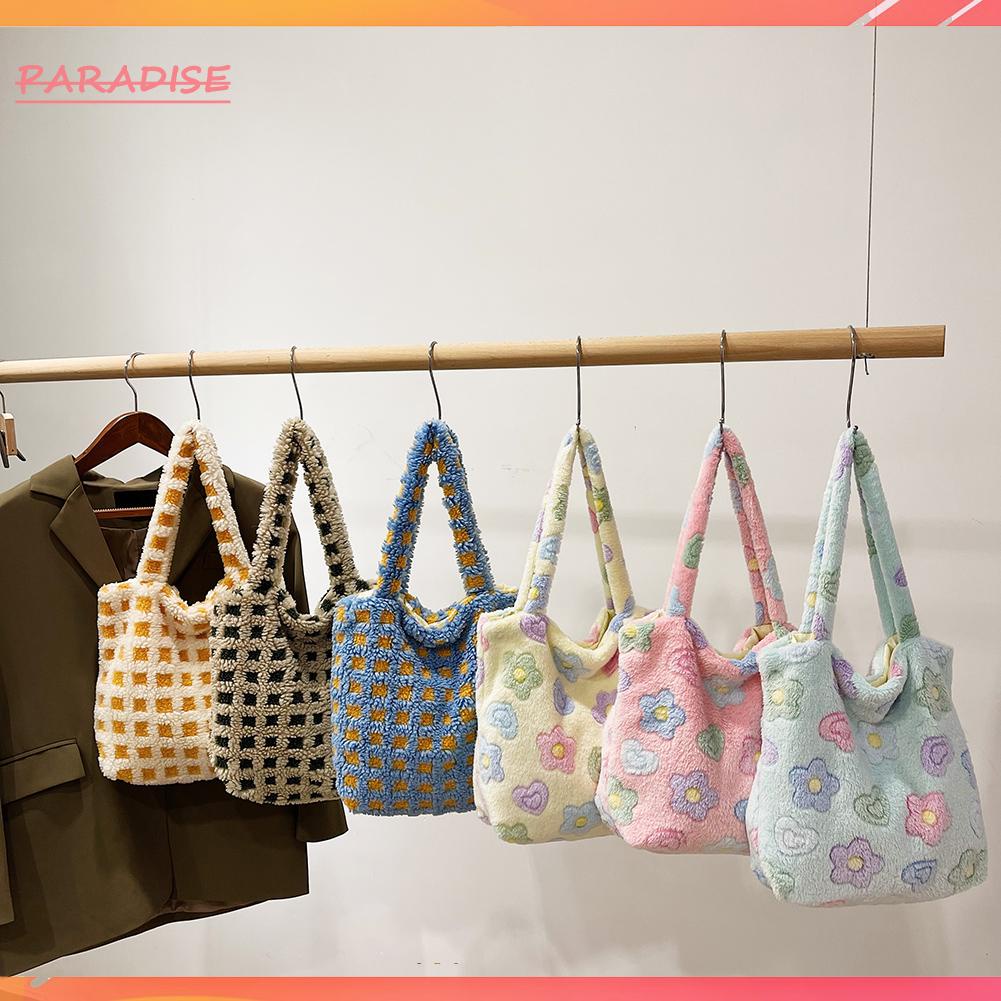 Túi Xách Đeo Vai Bằng Vải Lông Họa Tiết Kẻ Sọc Thời Trang Mùa Đông Có Tay C