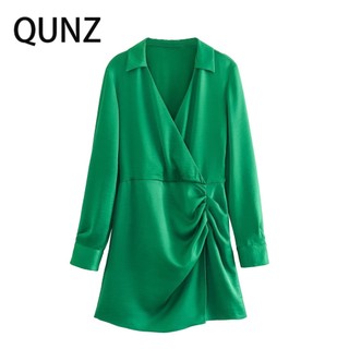 Thời trang qunz dài tay màu xanh lá cây lụa satin họa tiết mini dress 7760
